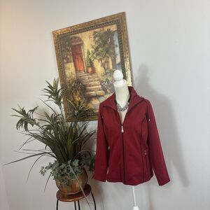 Weekends By Chicos 1 Long Sleeve Zip Jacket Pockets Black Trim Red High Neck